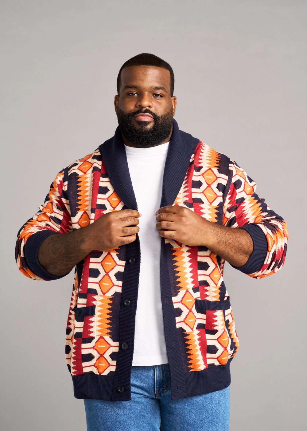 Aren African Print Button-Up Cardigan Sweater (Cream Orange Kente) - Image 3