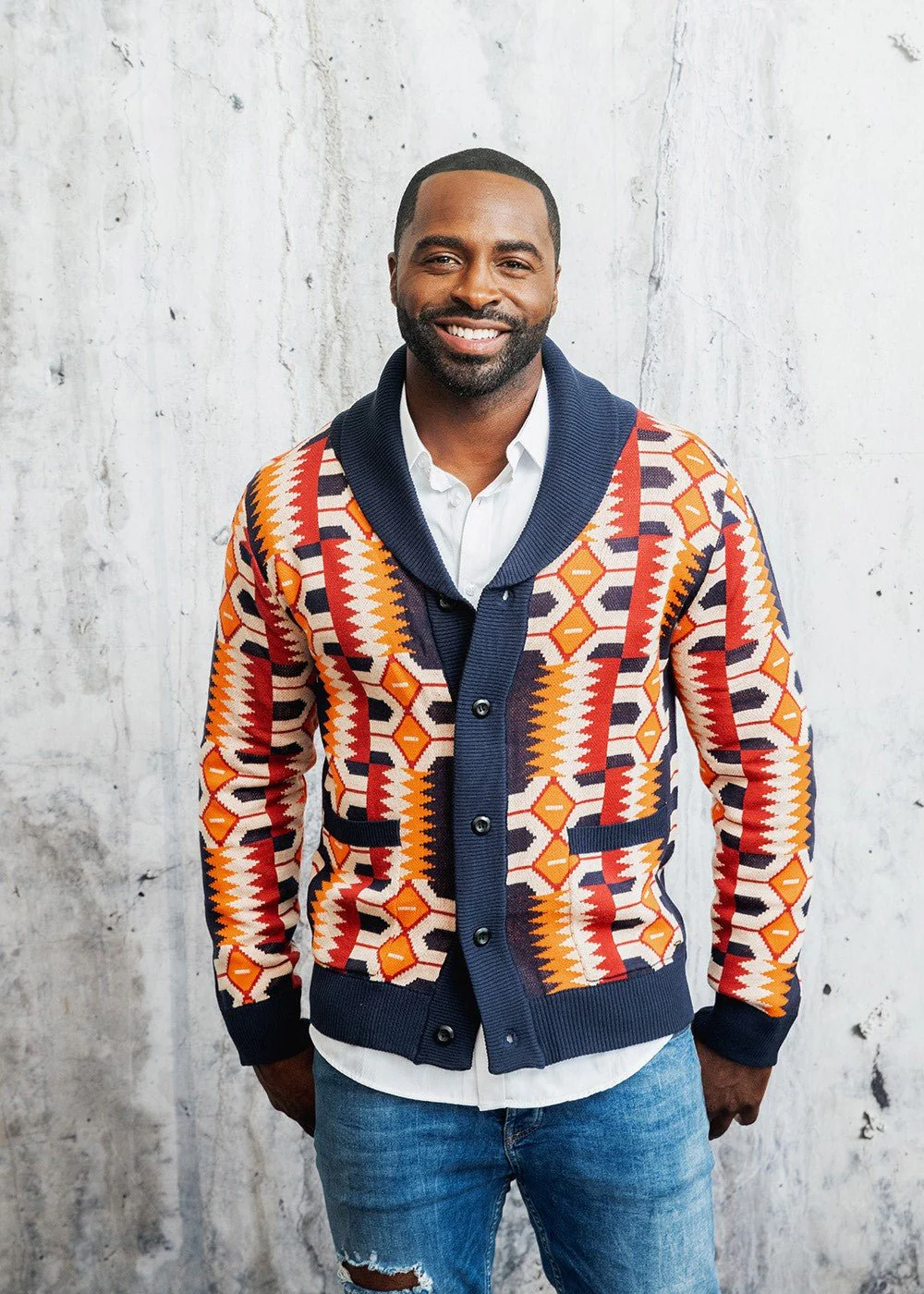 Aren African Print Button-Up Cardigan Sweater (Cream Orange Kente) - Image 4