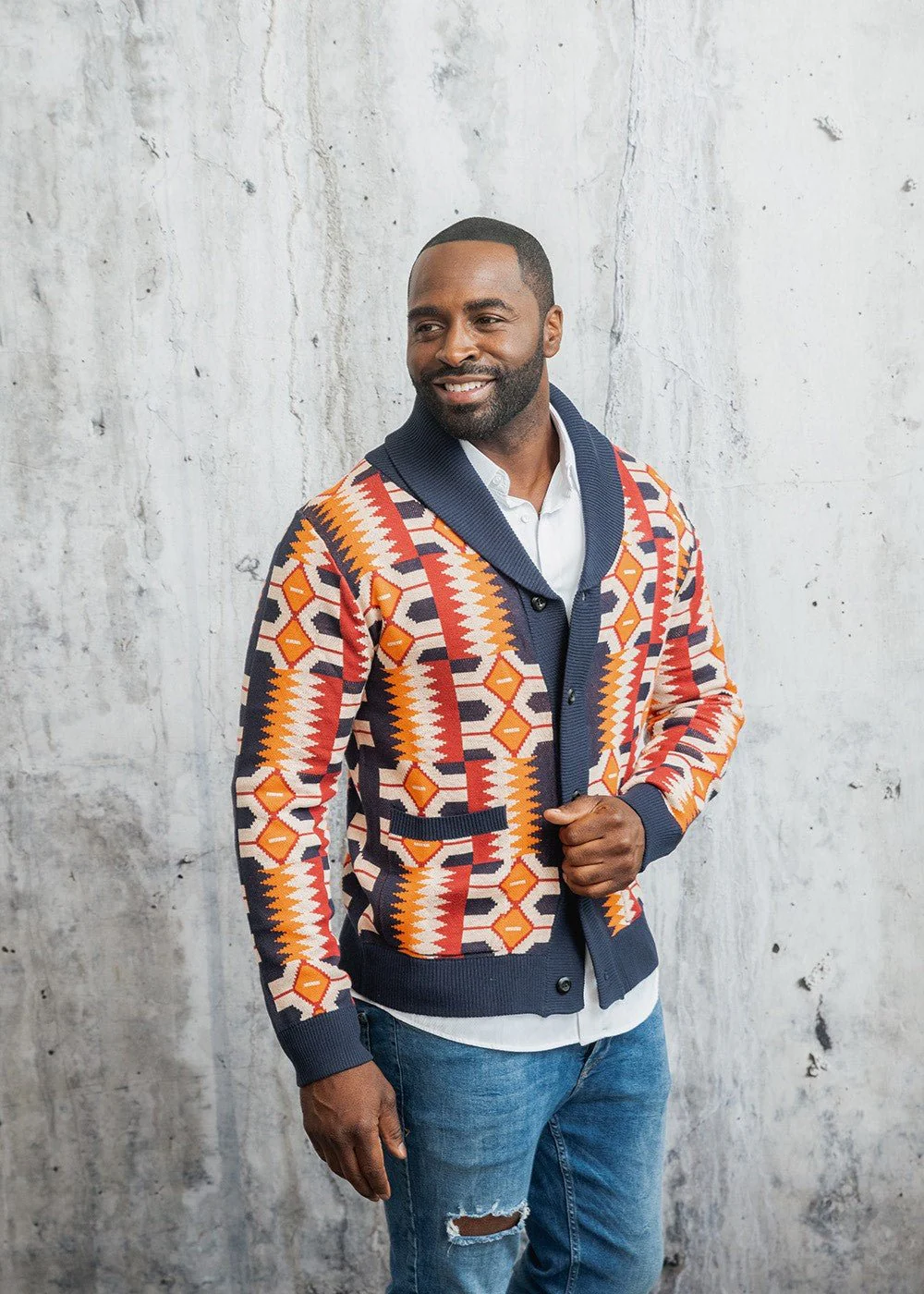 Aren African Print Button-Up Cardigan Sweater (Cream Orange Kente) - Image 5