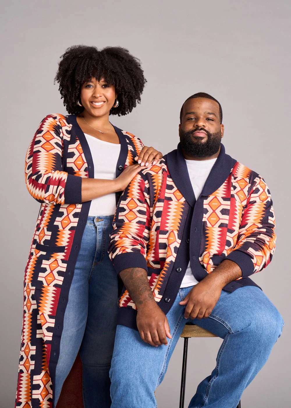Aren African Print Button-Up Cardigan Sweater (Cream Orange Kente) - Image 6
