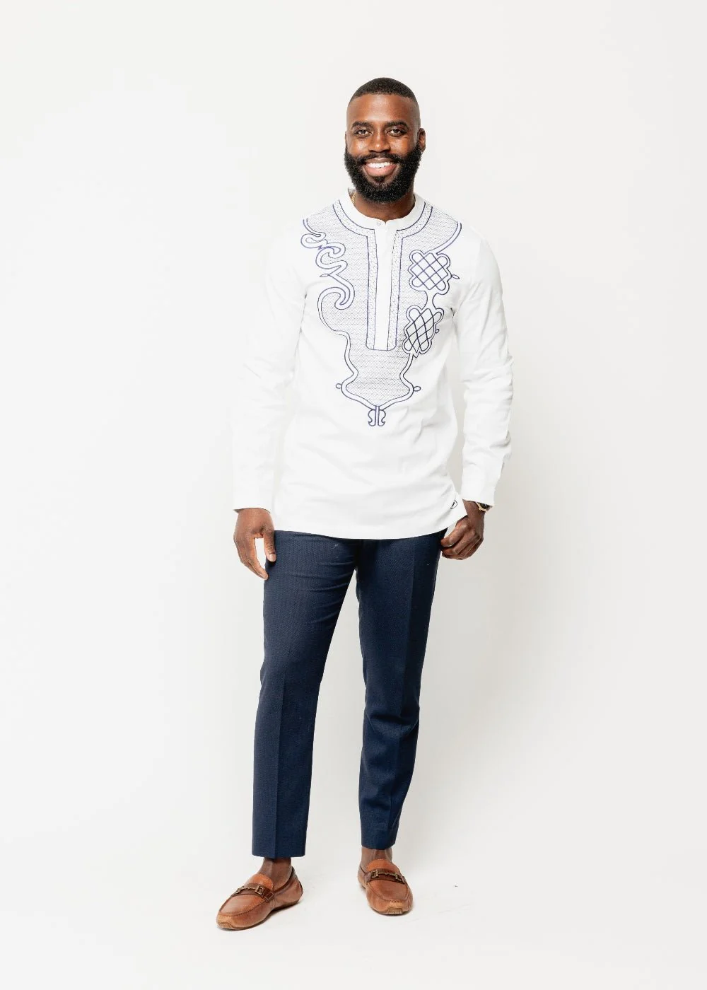 Dubaku Men's Traditional African Embroidery Shirt (White) - Image 3