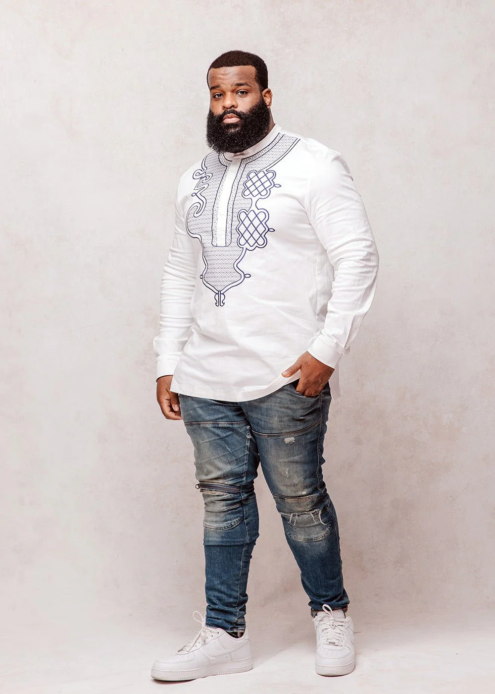 Dubaku Men's Traditional African Embroidery Shirt (White) - Image 4