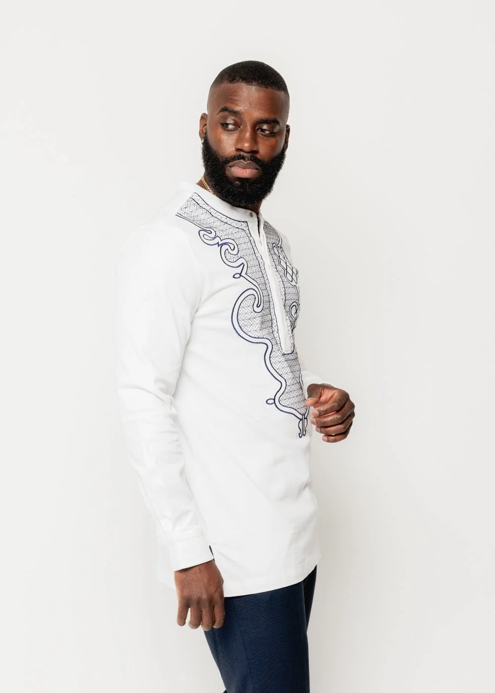Dubaku Men's Traditional African Embroidery Shirt (White) - Image 5