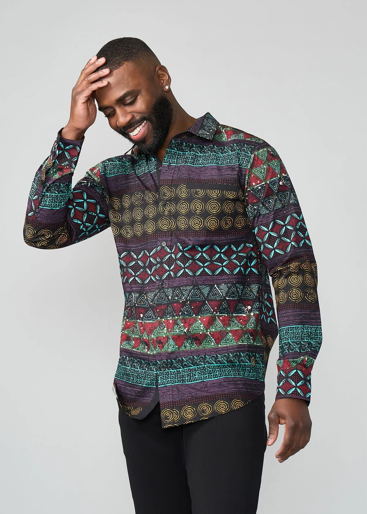 Mazi Men's African Print Button-up Shirt (Teal Maroon Multipattern) - Image 3