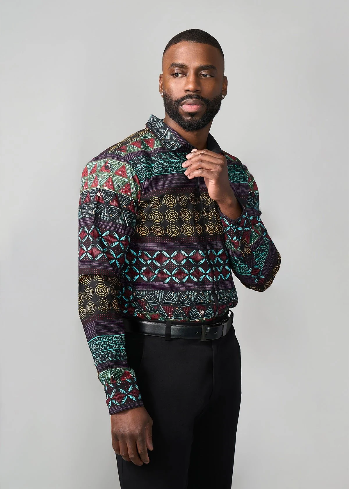 Mazi Men's African Print Button-up Shirt (Teal Maroon Multipattern) - Image 5