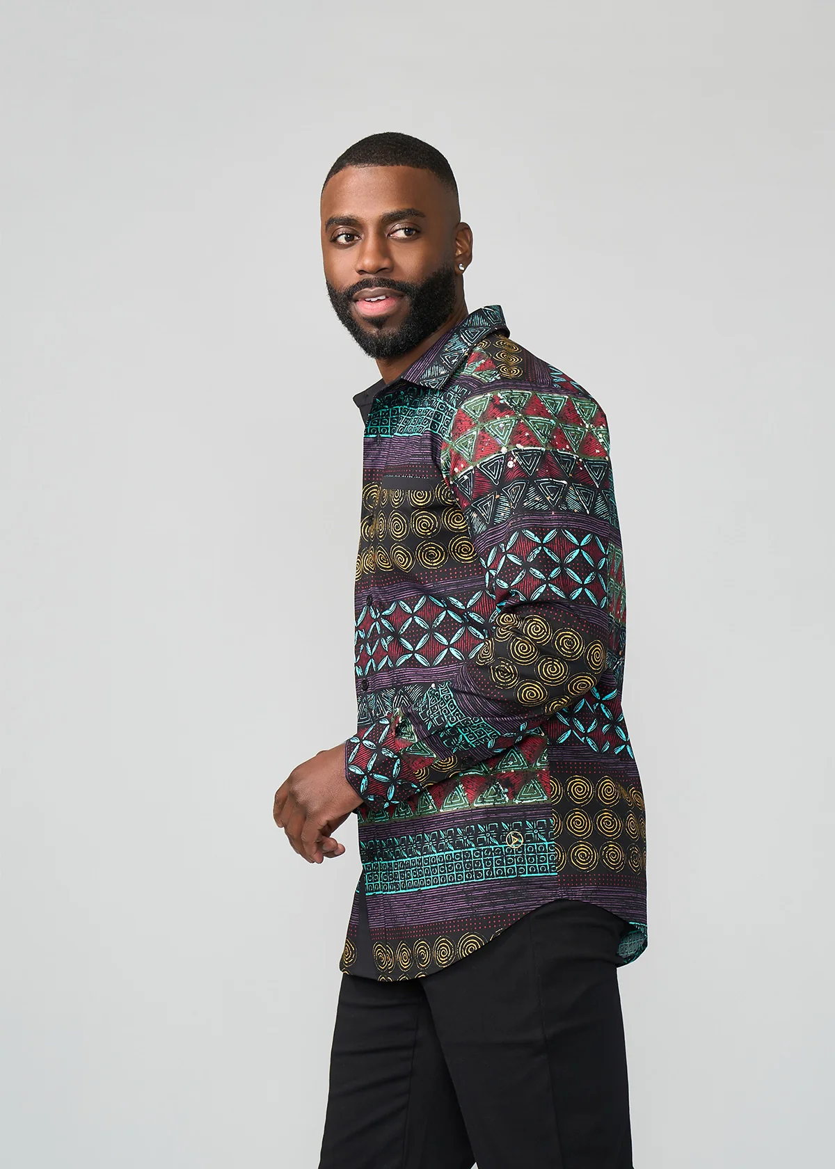 Mazi Men's African Print Button-up Shirt (Teal Maroon Multipattern) - Image 6